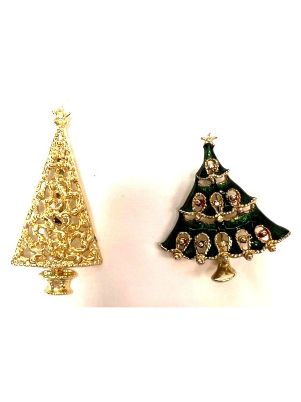 Vintage Christmas Tree Brooch Set Gold & Enamel Holiday Jewelry